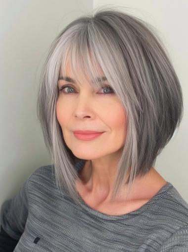 Grey Wigs For Seniors Lace Front Chin Length Straight Wigs