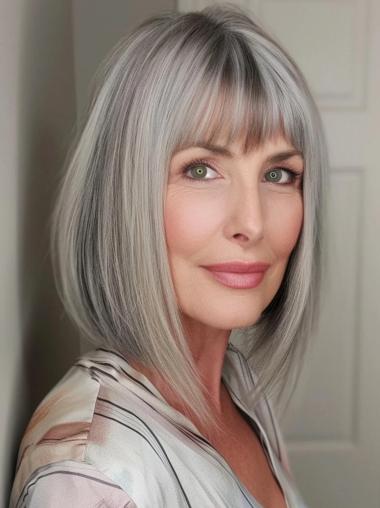 Grey Wigs For Older Ladies Lace Front Chin Length Straight Wigs