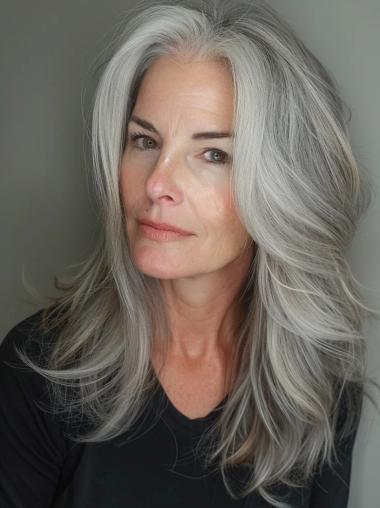 Human Hair Grey Wigs Layered Wavy Lace Front Wigs