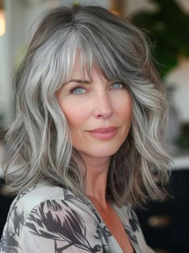 Medium Grey Wig Synthetic With Bangs 14" Shoulder Length Wigs