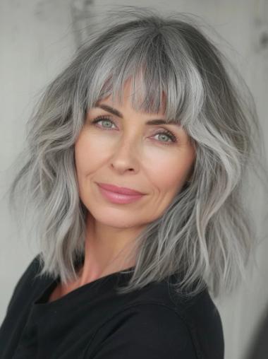 Grey Human Hair Wigs With Bangs Wavy Monofilament Wigs