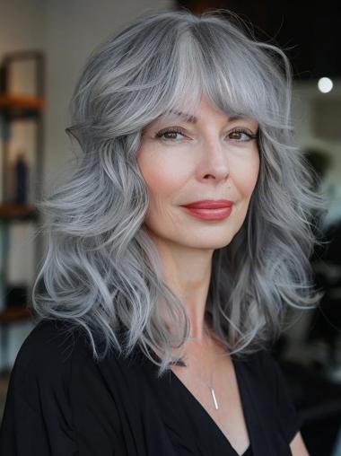 Lace Wig Grey Hair Wavy 14" Monofilament Shoulder Length Wigs