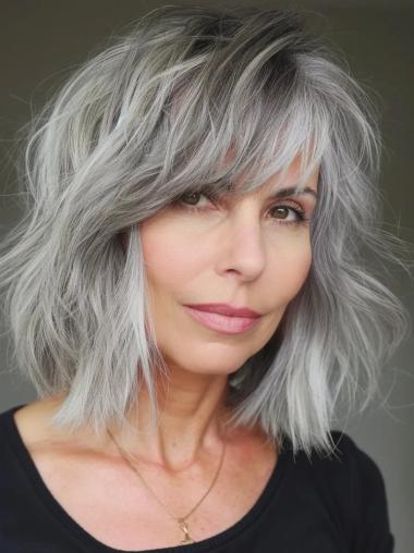 Human Hair Grey Lace Wigs Wavy 14" Monofilament Shoulder Length Wigs