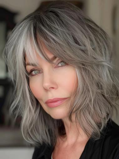 Lace Wig Grey Hair Wavy 14" Monofilament Shoulder Length Wigs