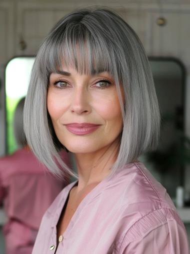 Grey Lace Wig Straight 12" Monofilament Chin Length Wigs