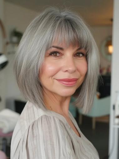 Womens Grey Wigs 12" Chin Length Monofilament Remy Human Hair Wigs