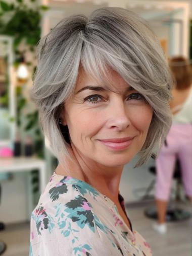 Grey Hair Wig 10" Chin Length Monofilament Synthetic Wigs