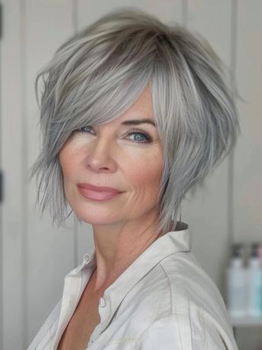 Natural Grey Wigs 10" Chin Length Monofilament Remy Human Hair Wigs