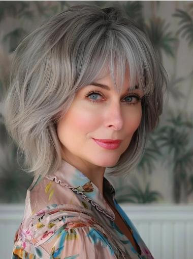 Ladies Grey Wigs 12" Chin Length Monofilament Remy Human Hair Wigs