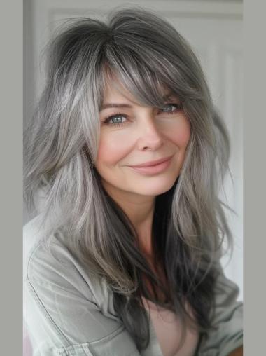 Human Hair Grey Lace Wigs Wavy 16" Monofilament Long Wigs