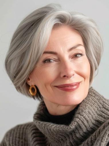 Grey Hair Bob Wig 8" Short Monofilament Remy Human Hair Wigs