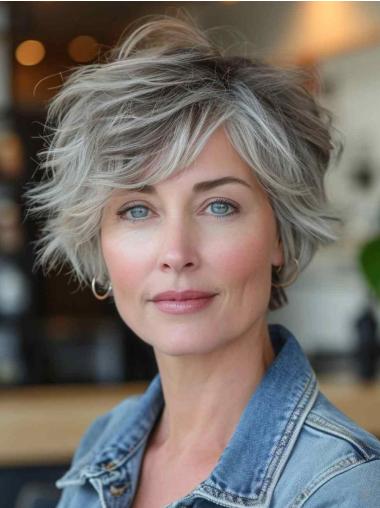 Grey Human Hair Wigs Lace Front 8" Short Wavy Wigs