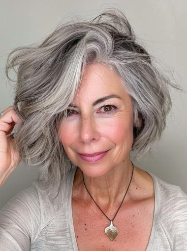 Grey Wig Human Hair Lace Front 10" Chin Length Bobs Wigs