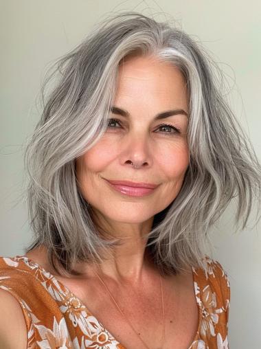 Grey Human Hair Wig Lace Front 14" Shoulder Length Bobs Wigs