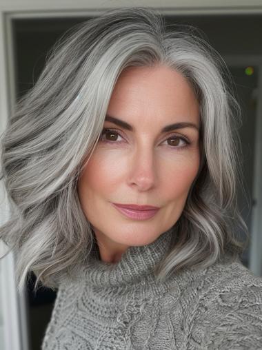 Mixed Grey Human Hair Wigs Lace Front 14" Shoulder Length Bobs Wigs