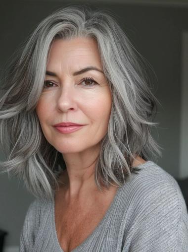 Grey Wigs For Seniors Bobs Synthetic 14" Wavy Wigs