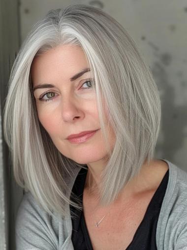 Natural Grey Wigs Bobs Remy Human Hair 12" Straight Wigs