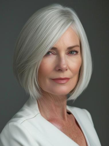 Grey White Wigs Monofilament Chin Length Straight Remy Human Hair Wigs