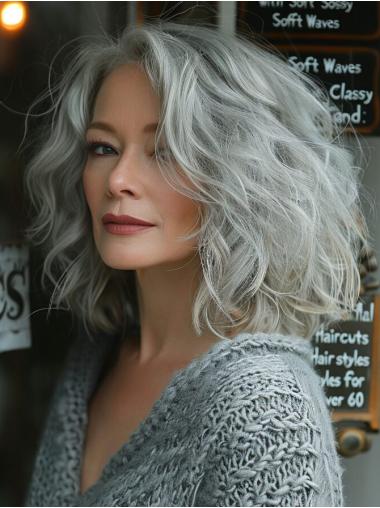 Silver Grey Wigs Sale Monofilament Shoulder Length Curly Remy Human Hair Wigs