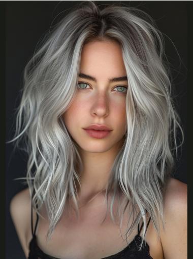 Grey Silver Wigs Monofilament Shoulder Length Wavy Synthetic Wigs