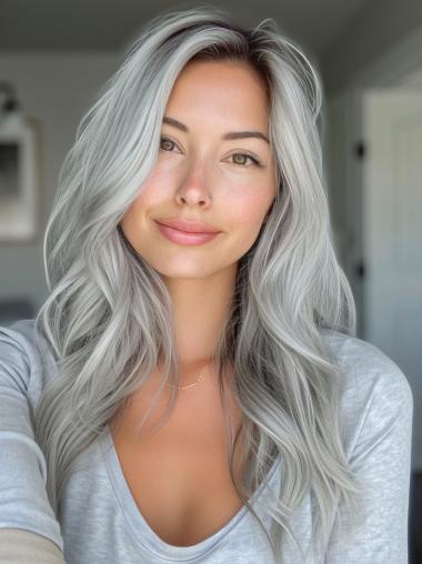 Human Hair Wigs Grey Lace Front 18" Long Layered Wigs