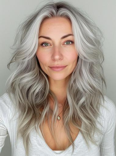 Human Hair Grey Wigs For Older Ladies Lace Front 16" Long Layered Wigs