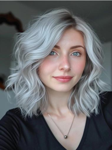 Wigs Human Hair Grey Lace Front 14" Shoulder Length Layered Wigs