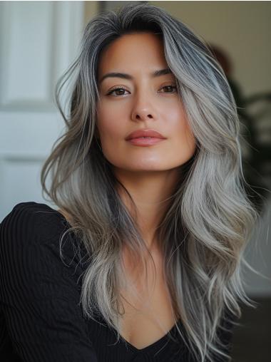 Grey Womens Wig Long Wavy Layered Synthetic Wigs