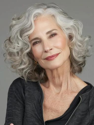 Human Hair Grey Wig Monofilament 14" Shoulder Length Bobs Wigs