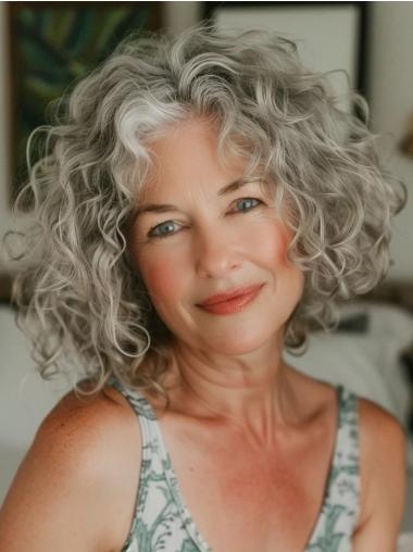 Real Human Hair Grey Wigs 12" Curly Chin Length Monofilament Wigs