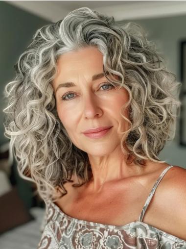 Real Human Hair Grey Wigs 14" Curly Shoulder Length Lace Front Wigs