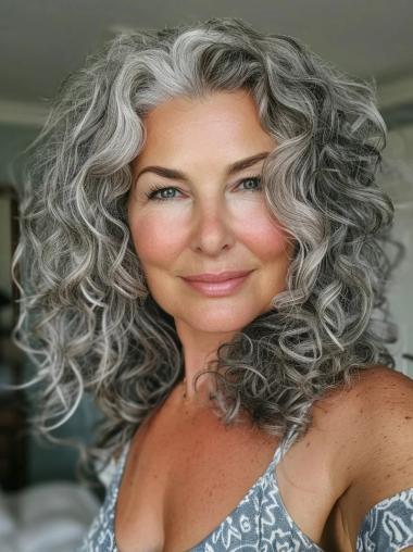 Woman Grey Wigs Curly 16" Synthetic Lace Front Wigs