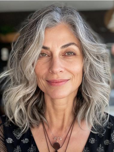 Human Hair Grey Lace Wigs 14" Wavy Shoulder Length Monofilament Wigs