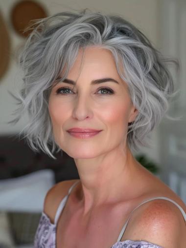 Grey Curly Bob Wig 10" Chin Length Lace Front Synthetic Wigs