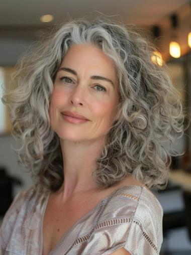 Grey Hair Wigs Human 14" Curly Shoulder Length Lace Front Wigs