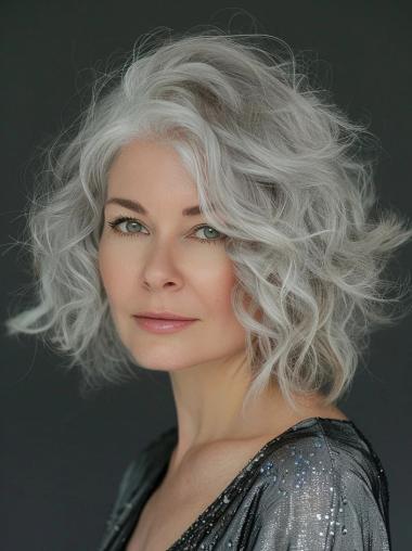 Human Hair Wigs Grey 10" Curly Chin Length Monofilament Wigs