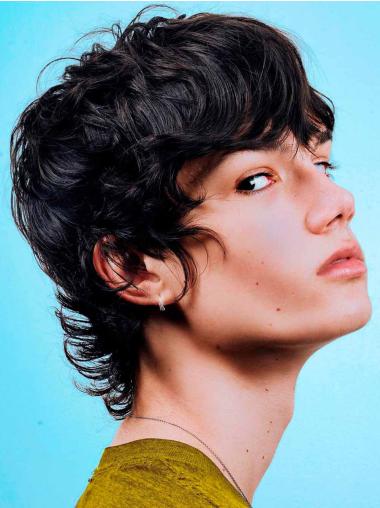 Human Hair Wigs Black Curly Short 6" Monofilament Wigs