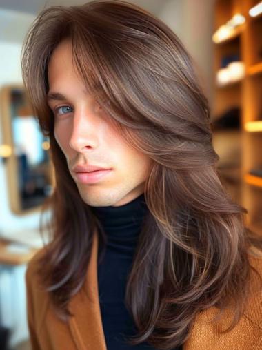 Mens Wigs Long Hair Brown Long Wavy Remy Human Hair Wigs