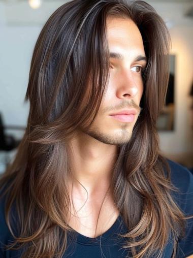 Long Hair Wigs For Mens Brown Long Wavy Remy Human Hair Wigs