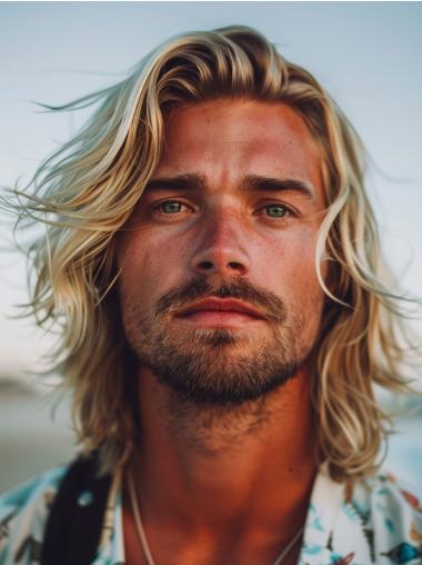 Mens Permanent Hair Wigs Layered 14" Shoulder Length Blonde Wigs