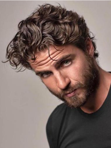 Professional Male Wigs Synthetic Monofilament Brown Curly Wigs