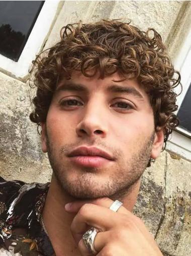 Mens Natural Wigs Synthetic Lace Front Brown Curly Wigs