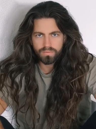 Mens Long Haired Wigs Black Long Wavy Remy Human Hair Wigs