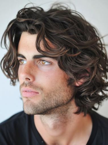 Real Hair Male Wigs Brown Wavy 10" Chin Length Wigs
