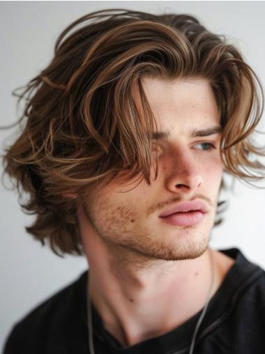 Male Wig Real Hair Brown Wavy 10" Chin Length Wigs