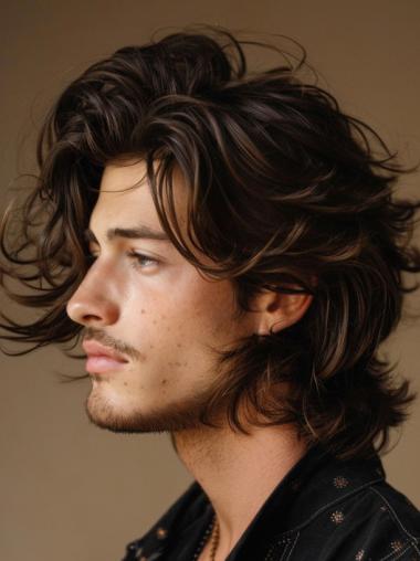 Realistic Men Wig Brown 14" Wavy Shoulder Length Wigs