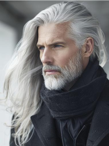 Mens Gray Hair Wigs Lace Front Wavy Long Layered Wigs