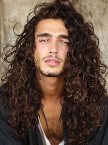 Realistic Mens Long Hair Wigs Brown Long Curly Remy Human Hair Wigs