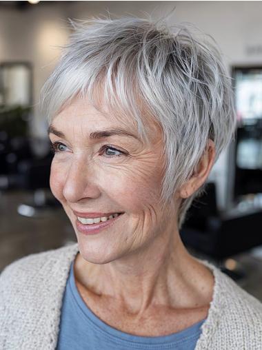 Short Gray Wigs With Bangs Straight 4" Remy Human Hair Wigs