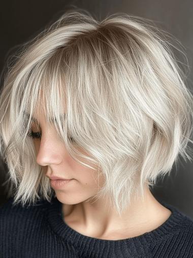 Short Hair Lace Front Wigs 8" Wavy With Bangs Blonde Wigs